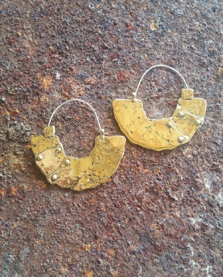 modern tribal jewelry, golden textured hoops